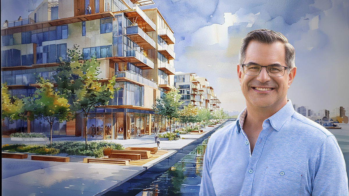 Jordan Goldstein in front of an AI-generated residential building by water in a watercolor style.