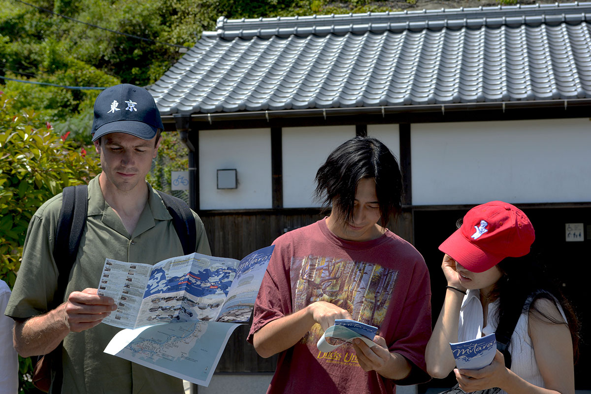 Students looking at a map