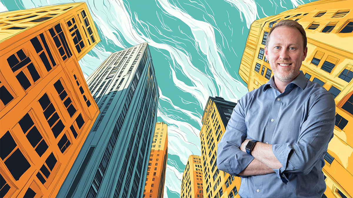 Michael Talbott in front of an AI-generated illustration of skyscrapers and a stylized sky showing wind movement.