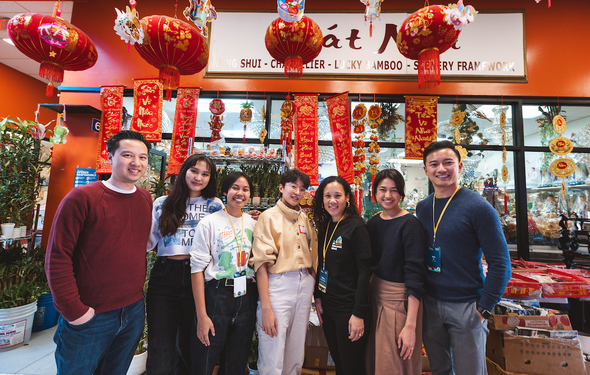 Group shot of students in front of a Chinese restaurant