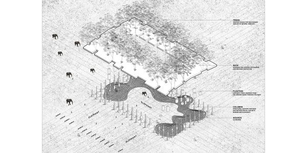 Analytical diagrams of multispecies architecture: Elephants walking by a cohabitational building.