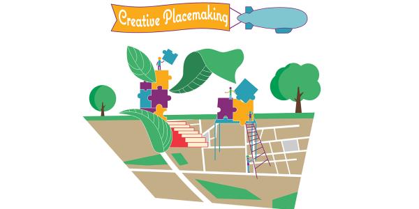 Illustration of creative placemaking. People on ladders building large puzzles; leaves and trees in the background and a hot air balloon pulling a "Creative Placemaking" sign.