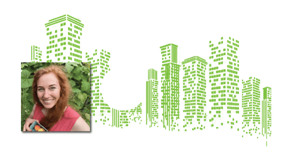 Abstract pixelated green skyscrapers and Hannah Sholder headshot