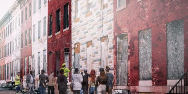 Row houses rendering and people walking