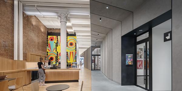 Split image of the interior of a building with a colorful mural, brick wall and wooden floor versus a concrete grey and black interior.