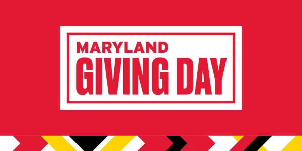 Red background Maryland Giving Day text and yellow black and white Maryland Flag pattern