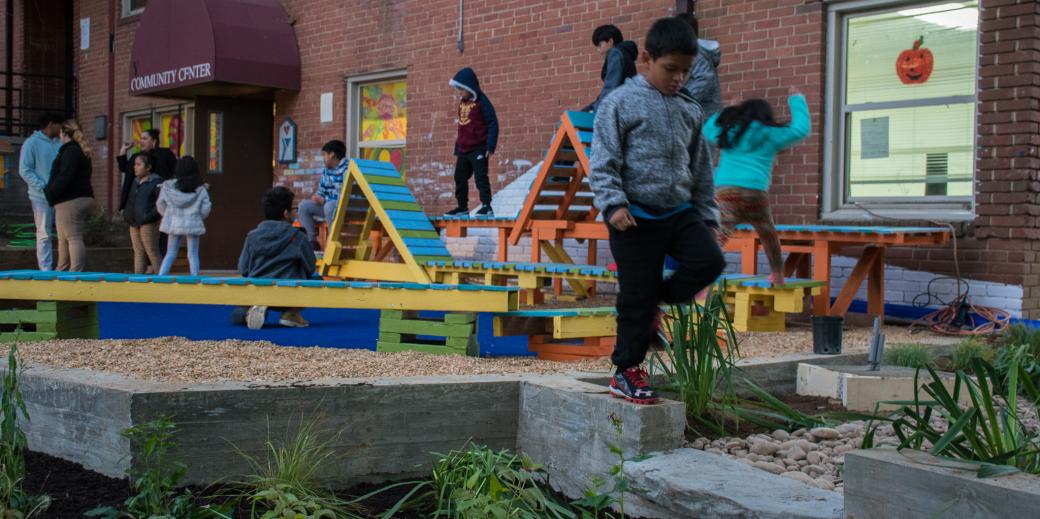 Lightscape rain garden, children in playground