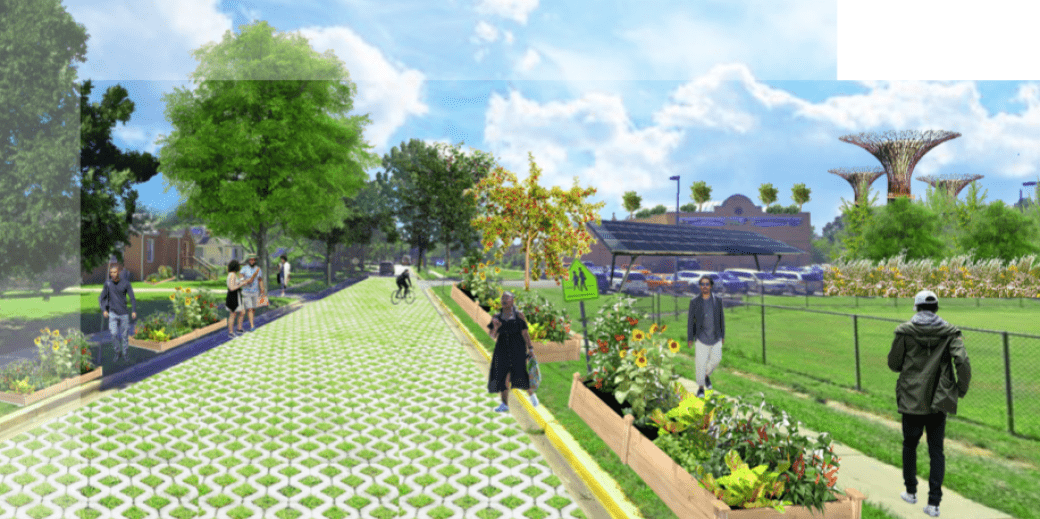 A street walkway that has lots of greenery coming between concrete. People are walking and biking.