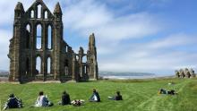 The Whitby Abbey ruins, located on the North Sea coast - L to R Dennis Pogue, Abby Winter (UMD ARCH, HISP certificate), Elizabeth Totten (UMD HISP), Kelly Haley (UMD ARHP), Amy Bonnevier (UMW), John Strangfeld (UMW), and Lenora Wiggs (UMW).