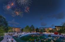 Connecting Crossroads plaza at night with fireworks