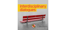 Interdisciplinary Dialogues text over an image of a red bench in a flooded area. University of Libraries logo