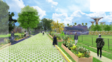 A street walkway that has lots of greenery coming between concrete. People are walking and biking.