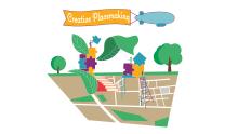 Illustration of creative placemaking. People on ladders building large puzzles; leaves and trees in the background and a hot air balloon pulling a "Creative Placemaking" sign.