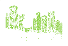 Abstract green city skyscrapers made of small squares.