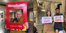 Staff (Maggie) and students holding banners for Giving Day