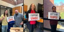 Maria Day Marshall, students and other faculty holding "Let's Go TERPS" signs