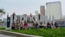 Students in front of Hiroshima sign on Japan Education Abroad trip