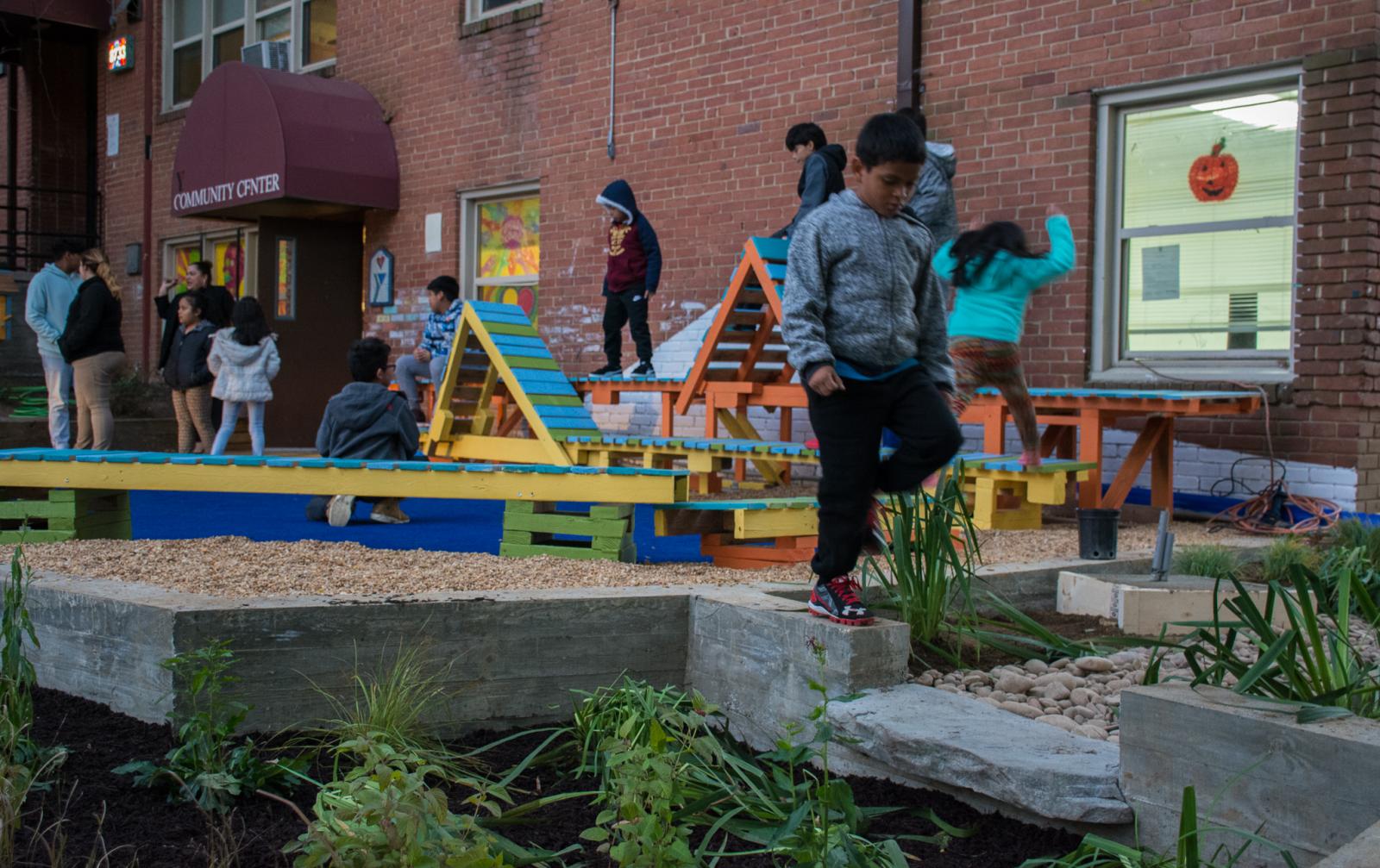 Lightscape rain garden, children in playground