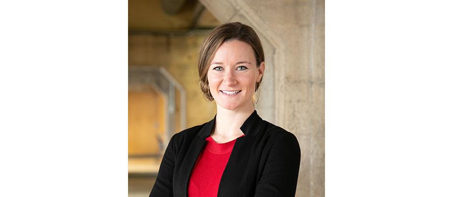 Amber Wendland in a red shirt and black blaser