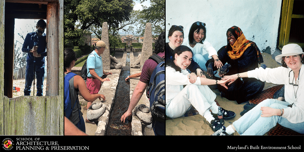 Collage of images: A student working behind a wooden door, students around Brian Kelly as he sketches, and female students holding out their henna tattoo hands.