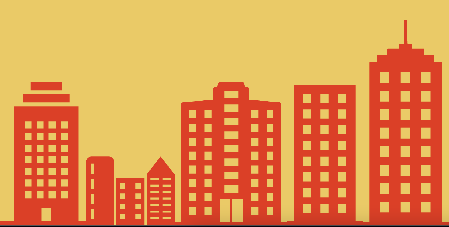 Red skyscraper graphic with a yellow background