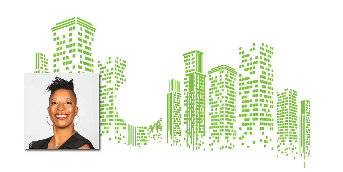 Abstract Green Buildings and Leah Goodridge headshot