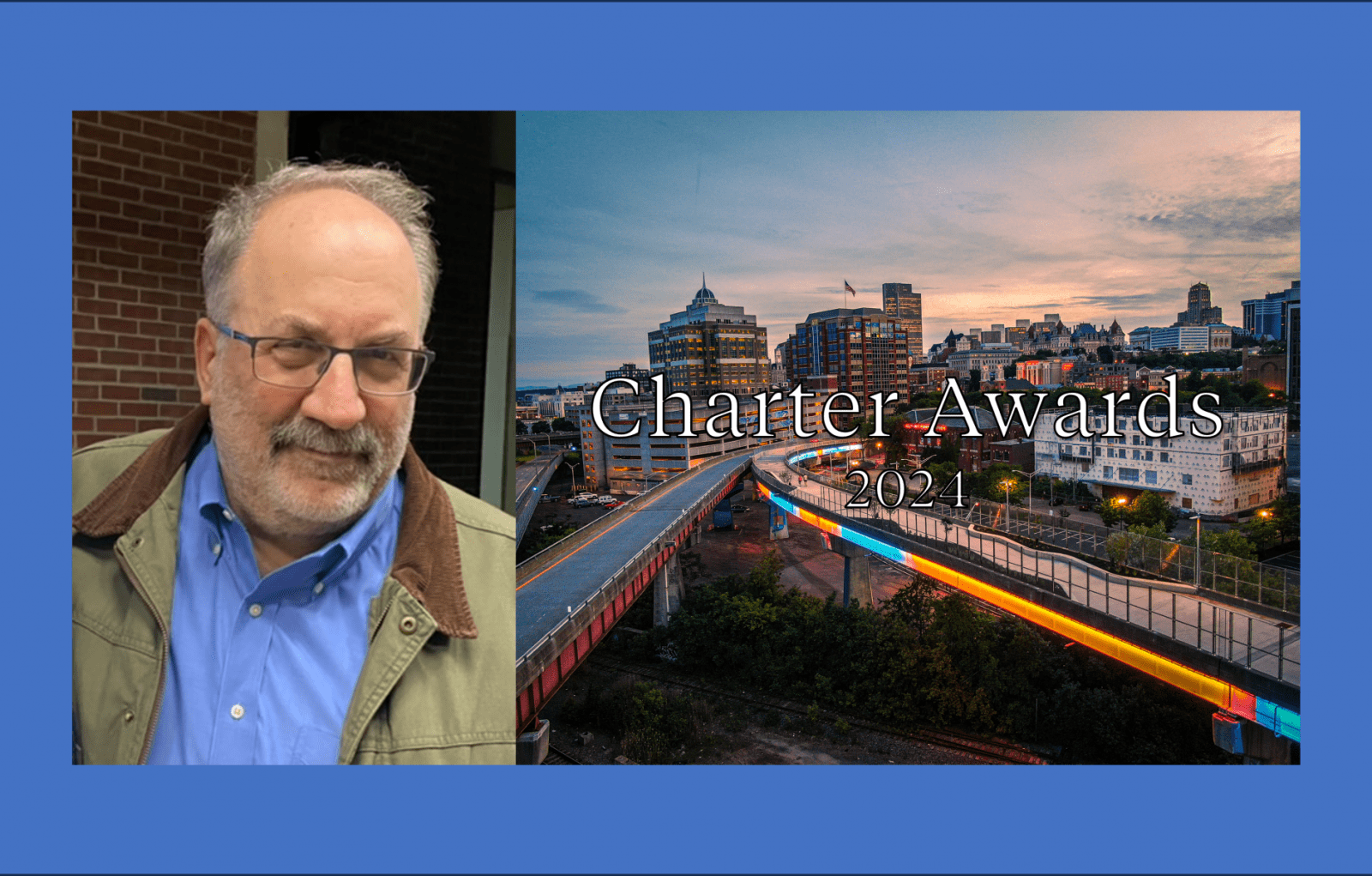 Matt Bell Headshot and a cityscape for Charter Awards 2023