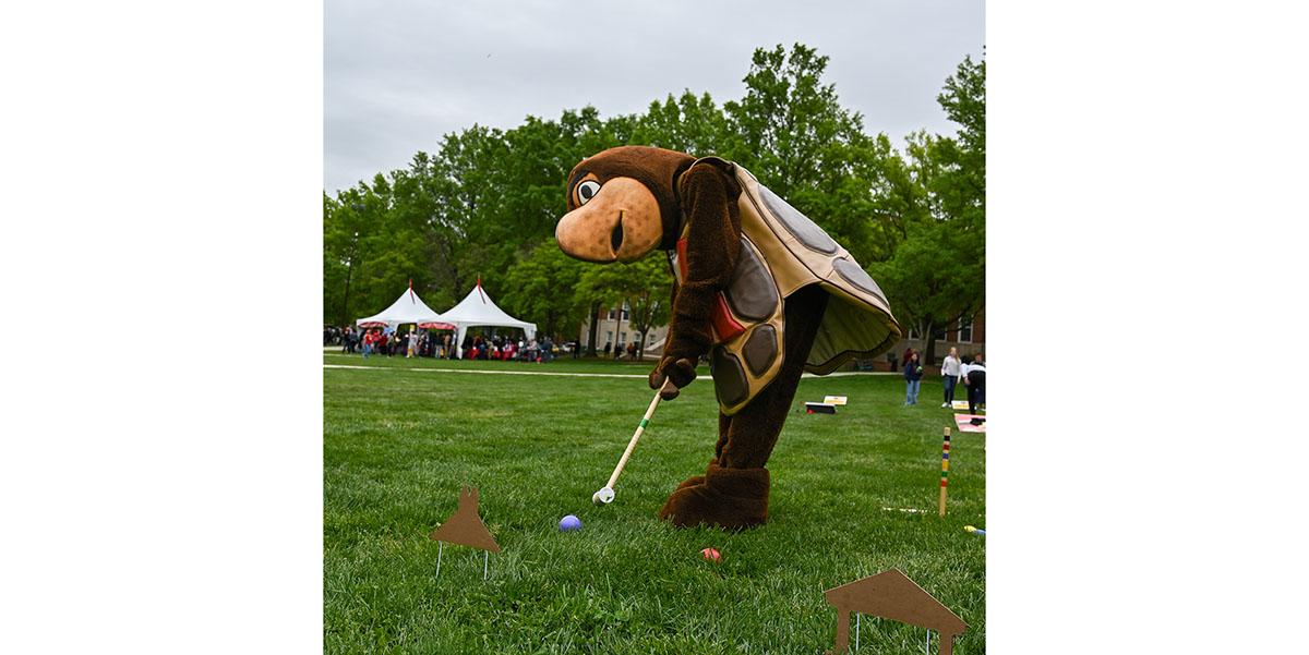 Testudo mascot playing croquet