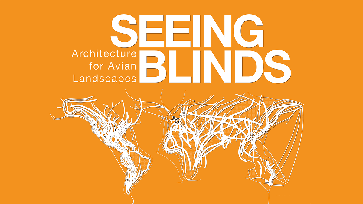 World map made from white string motions. Title "Seeing Blinds" on an orange background