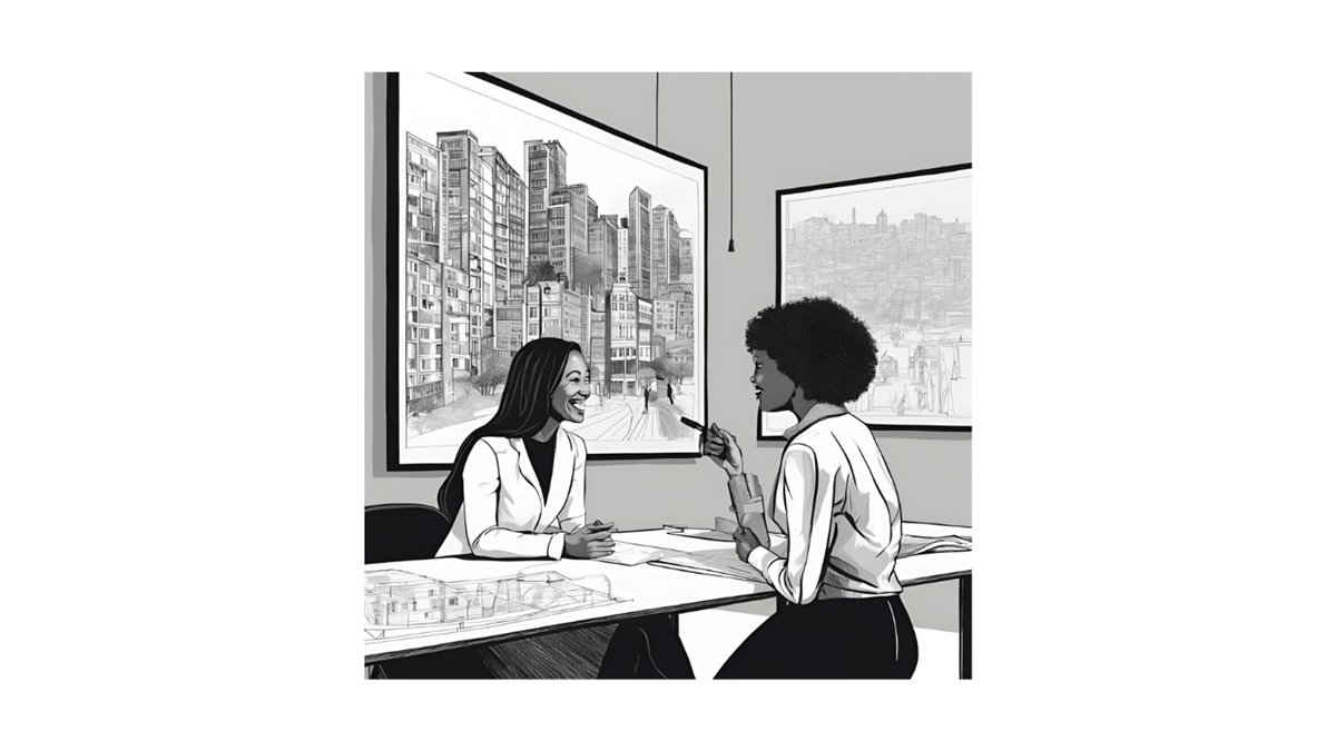 Black and white AI illustration of two people talking and a large skyscraper drawing in a frame