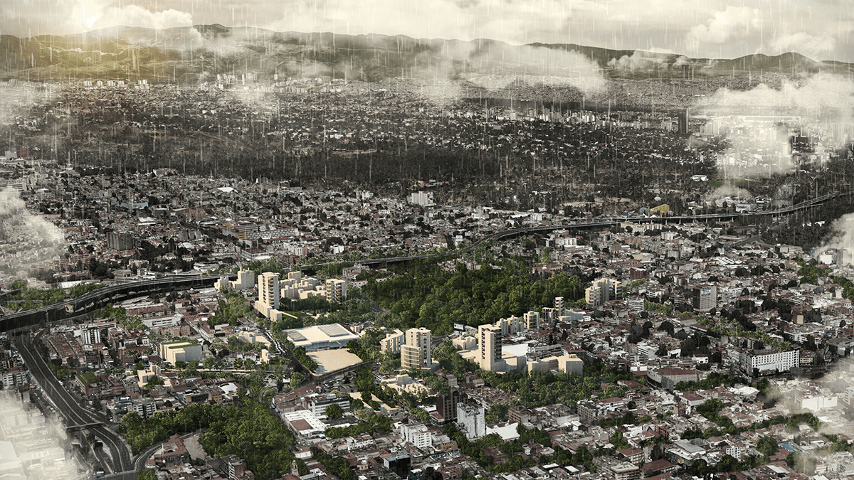 Dense urban landscape with rain falling down