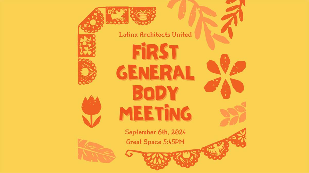 Yellow background and red flower graphics for First General Body Meeting