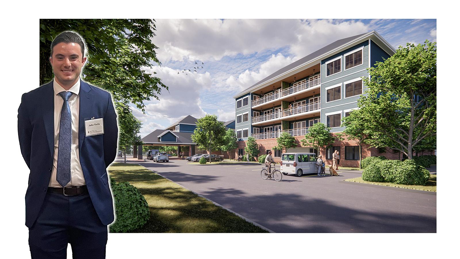 Cutout of a student in front of a mixed development rendering