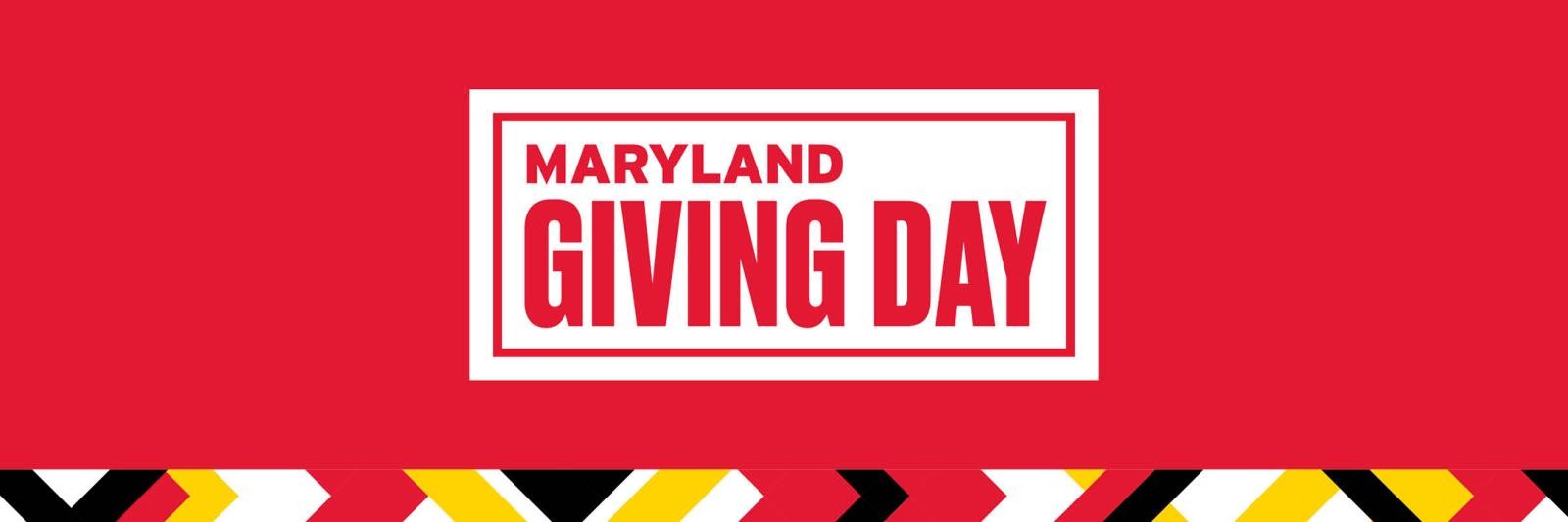 Red background Maryland Giving Day text and yellow black and white Maryland Flag pattern